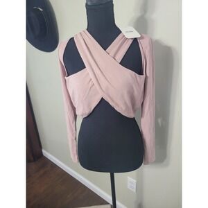 Elodie Women's Pink Ribbed Knit Long Sleeve Wrap Crop Top Size M